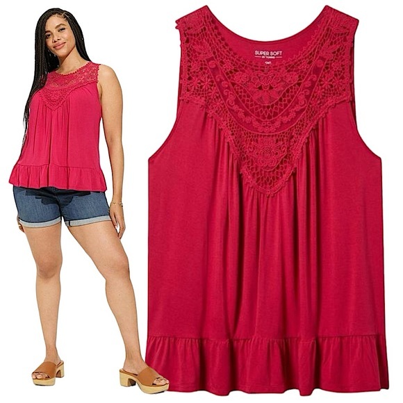 torrid Tops - TORRID Super Soft Crew Neck Lace Yoke‎ Tank NWT